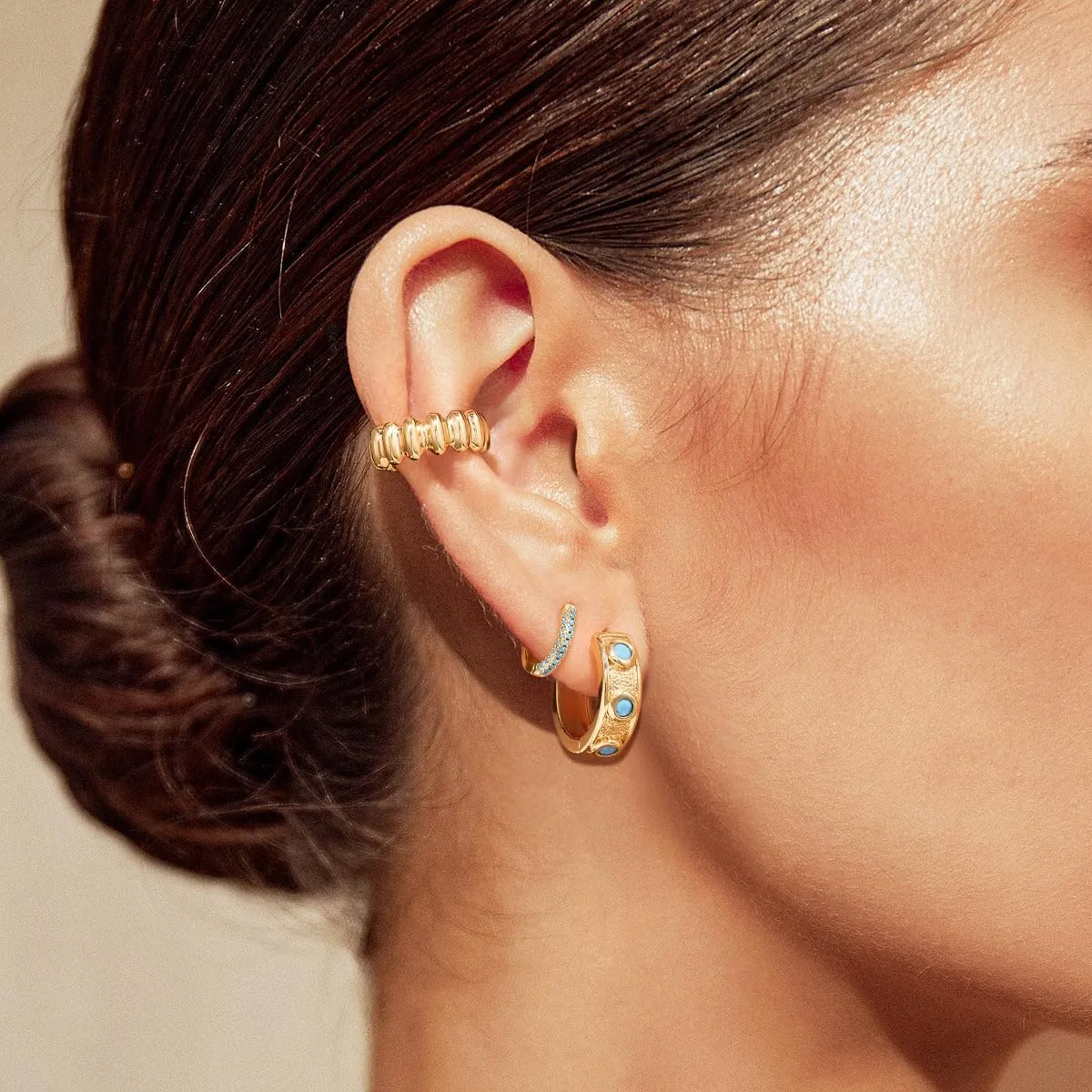 Dremmy Studios Dainty CZ Huggie Hoop Earrings 14K Gold Plated Chunky Simple Cute Thick Round Frill Bead Ball Starburst Cuff Earrings Cubic Zirconia Hoop Earrings Minimalist Personalized Gift for Her
