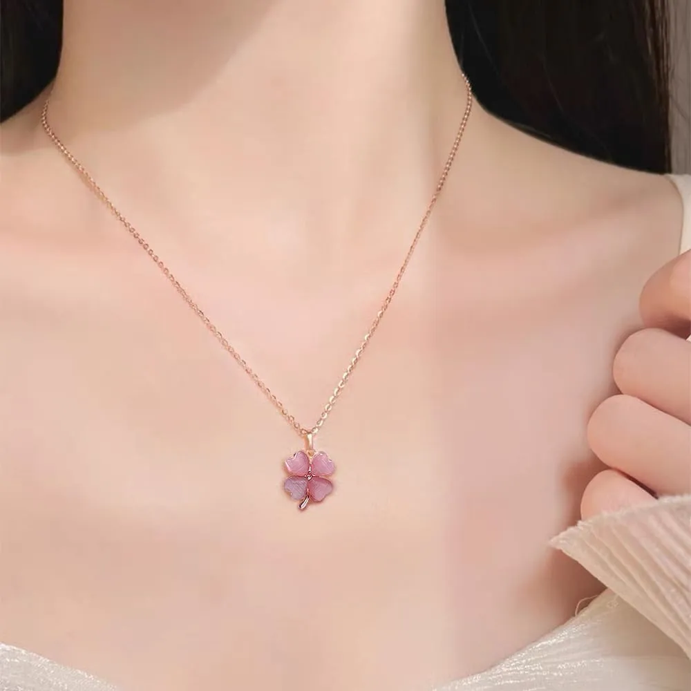 Dtja Cute Clover Flower Pendant Necklace for Women Girls Gold Plated Cats Eye Shamrock Leaf Charms Link Chain Necklace Adjustable Delicate Lucky St.Patrick's Day Birthday Wedding Jewelry Gift 18 Inch