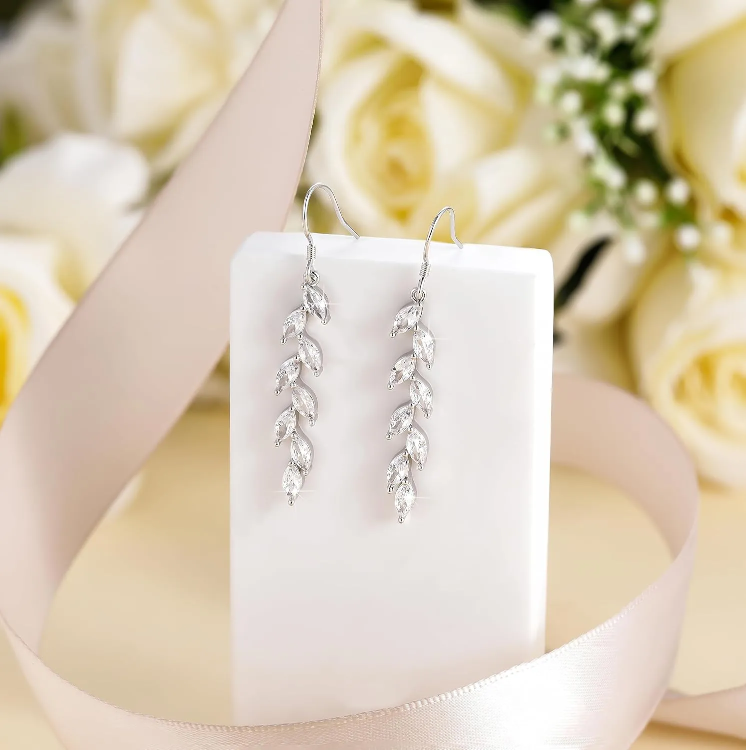EAMTI Silver Dangle Earrings for Women Cubic Zirconia Marquise Bridal Wedding Earrings 925 Sterling Silver Post Engagement Earring