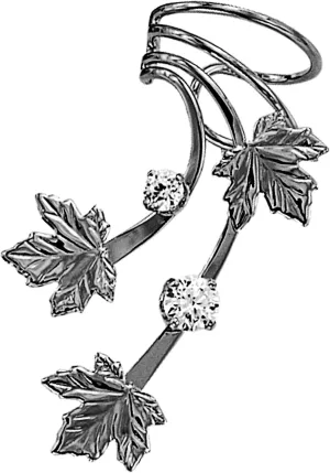 Ear Charms 3 Leaf with 2 CZ Long Wave Ear Cuff Non-pierced Left Earring Wrap EZ Care Rhodium on Silver