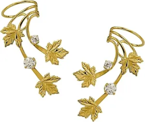 Ear Charms  Long Wave Ear Cuff Non-pierced Earring Wraps with Triple Maple Leaf 2 CZ Gold on Silver
