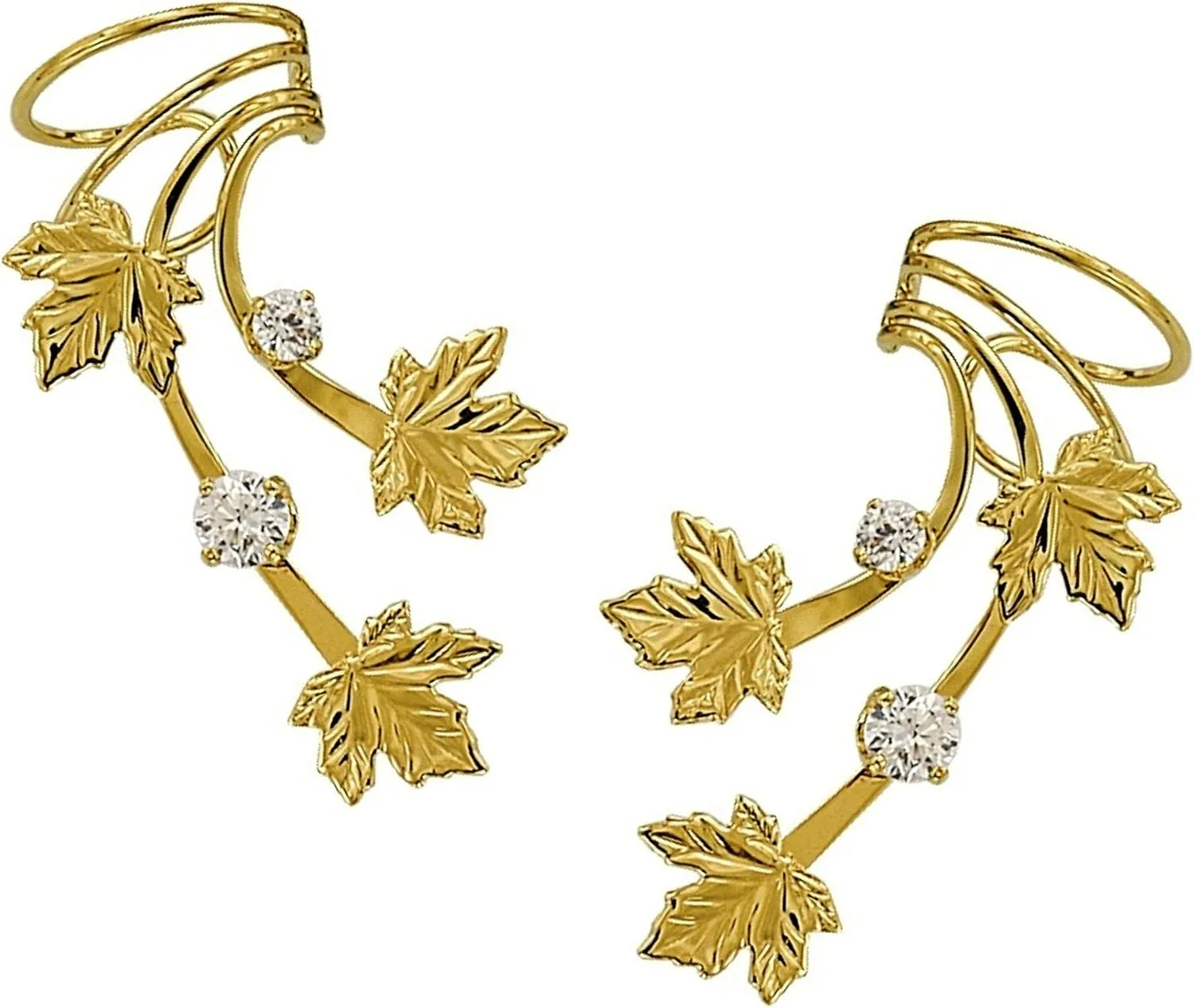 Ear Charms  Long Wave Ear Cuff Non-pierced Earring Wraps with Triple Maple Leaf 2 CZ Gold on Silver