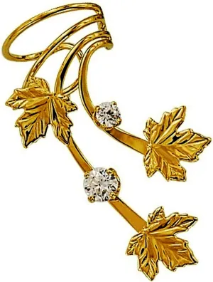 Ear Charms Maple 3 Leaf 2 CZ Long Wave Ear Cuff Non-pierced Earring Wrap Single Right Gold on Silver