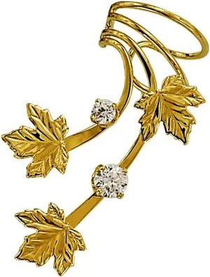 Ear Charms Maple 3 Leaf with 2 CZ Long Wave Ear Cuff Non-pierced Earring Wrap Single Left Gold on Silver