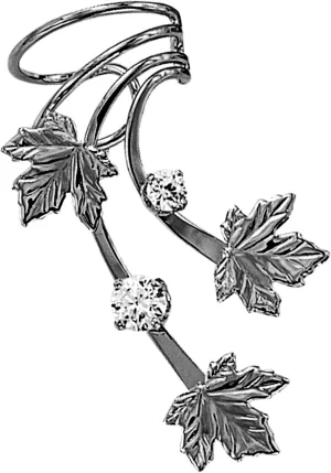 Ear Charms  Maple 3 Leaf with 2 CZ Long Wave Ear Cuff Non-pierced Earring Wrap Single Right EZ Care Rhodium on Silver