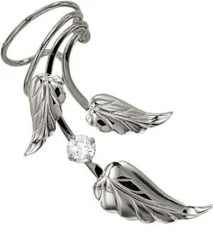 Ear Charms  Southwest 3 Leaf CZ Long Wave Ear Cuff Non-Pierced Earring Wrap Single Right in EZ Care Rhodium on Silver