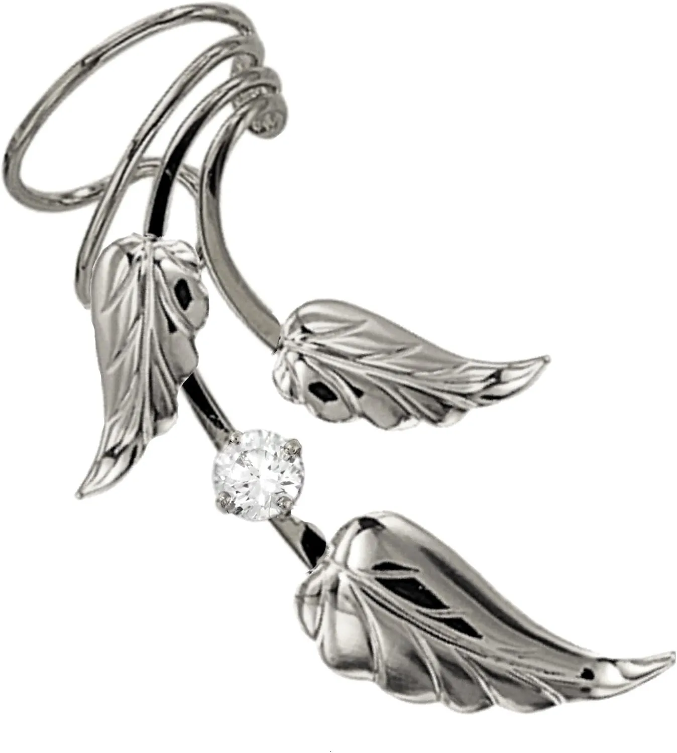 Ear Charms  Southwest 3 Leaf CZ Long Wave Ear Cuff Non-Pierced Earring Wrap Single Right in EZ Care Rhodium on Silver