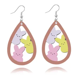 Easter Earrings for Women Girls Handmade Cute Colorful Wooden Teardrop Bunny Rabbit Lightweight Hollow Out Dangle Drop Wood Earrings Happy Easter Jewelry Gifts (Three Bunny Rabbit)