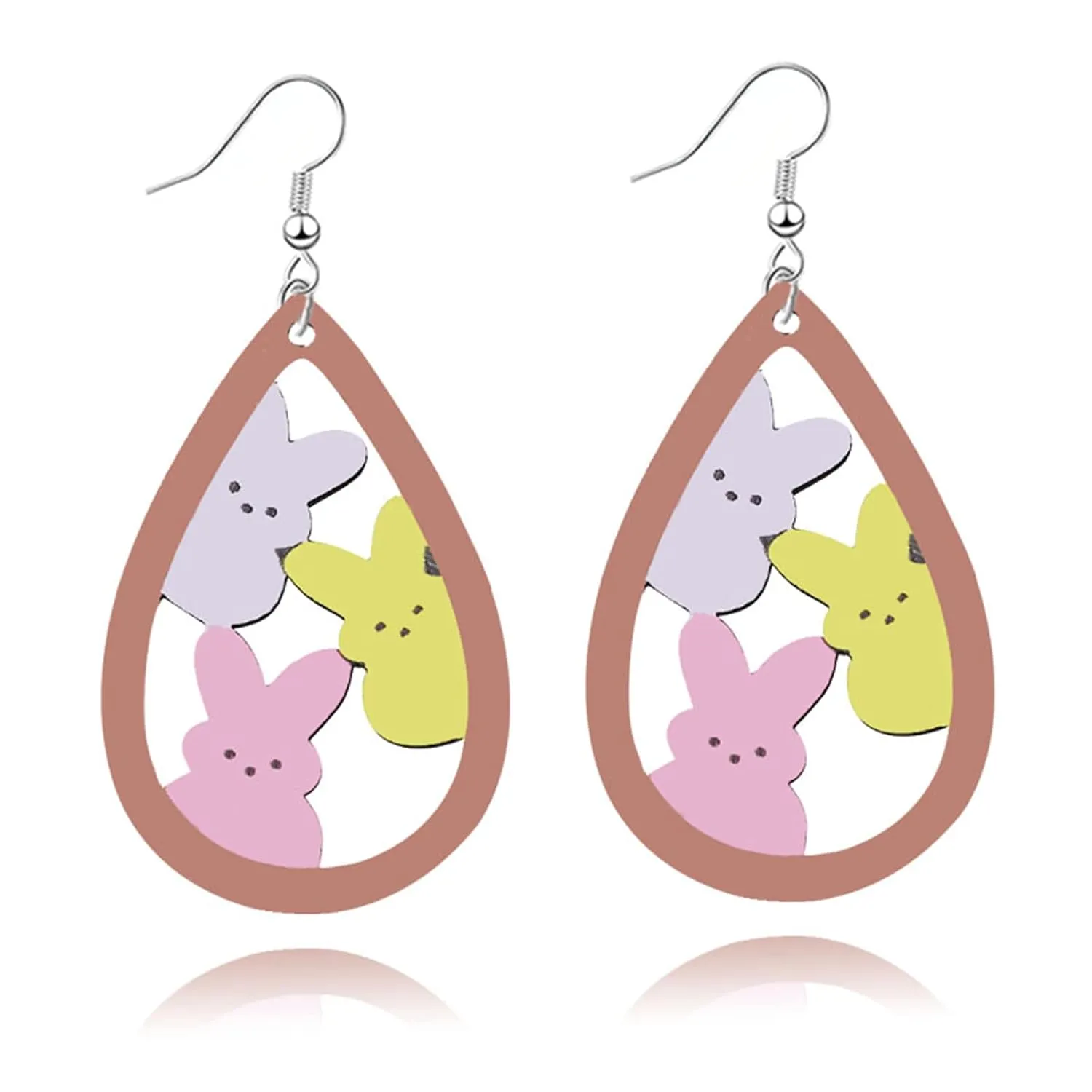 Easter Earrings for Women Girls Handmade Cute Colorful Wooden Teardrop Bunny Rabbit Lightweight Hollow Out Dangle Drop Wood Earrings Happy Easter Jewelry Gifts (Three Bunny Rabbit)