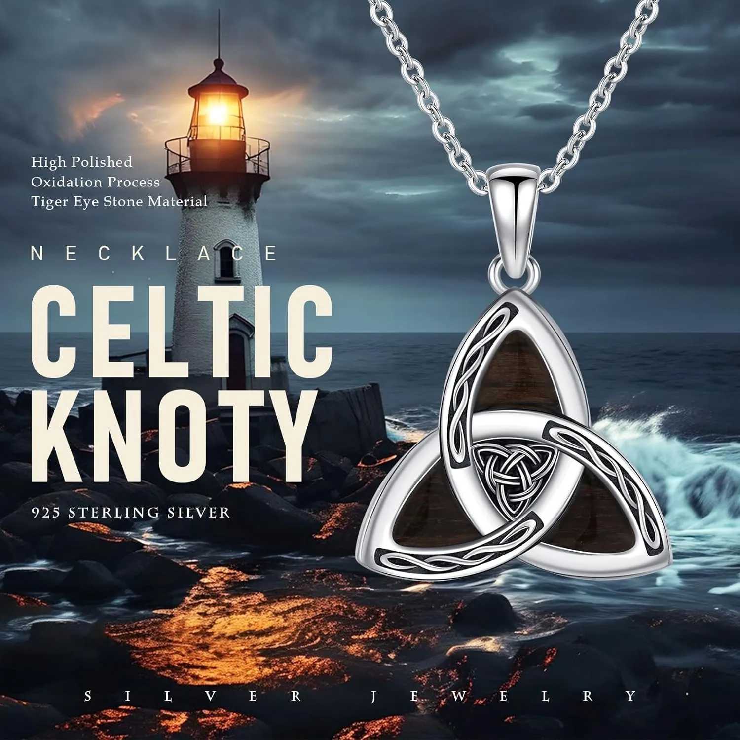 Ebony Necklace for Men 925 Sterling Silver Claddagh/Celtic Irish Necklace Real Ebony Viking Pendant Hypoallergenic Jewelry Gifts for Men Women