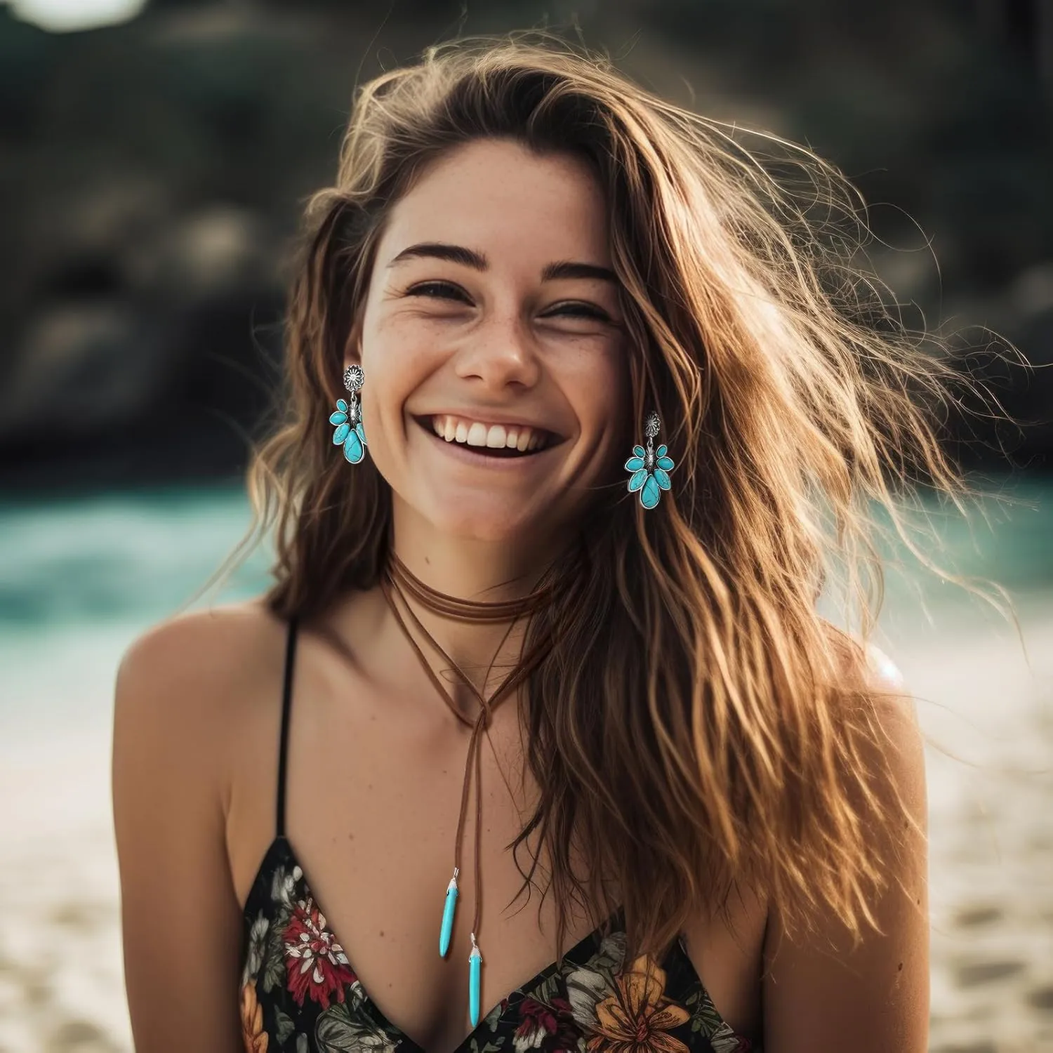 Ecally Bohemian Western Jewelry Turquoise Set Women Bohemian Pendant Long Choker Layered Bracelets Earrings Ring for Women