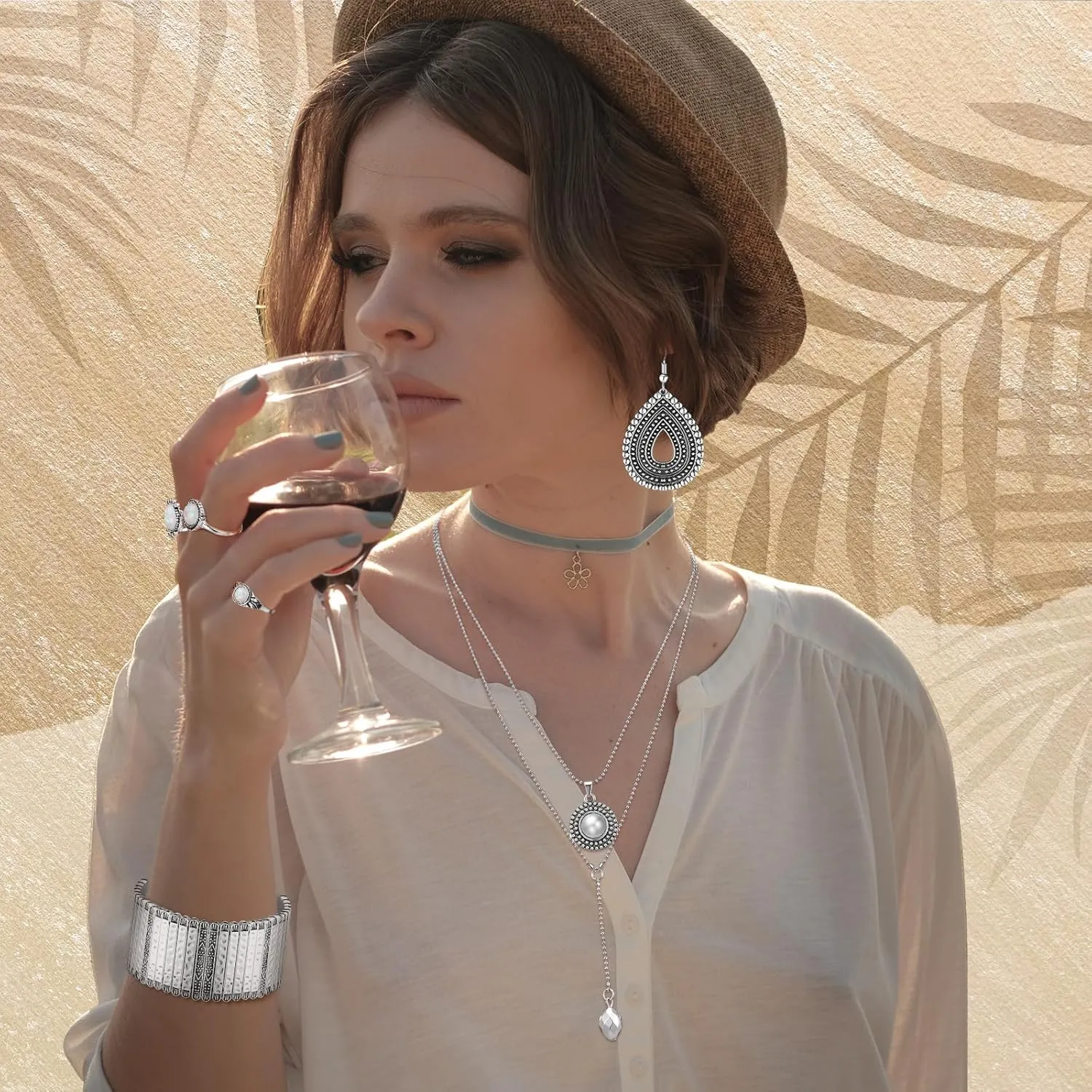 Ecally Bohemian Western Jewelry Turquoise Set Women Bohemian Pendant Long Choker Layered Bracelets Earrings Ring for Women