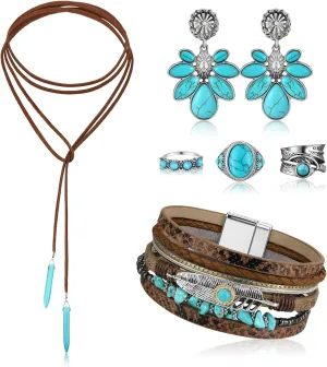 Ecally Bohemian Western Jewelry Turquoise Set Women Bohemian Pendant Long Choker Layered Bracelets Earrings Ring for Women