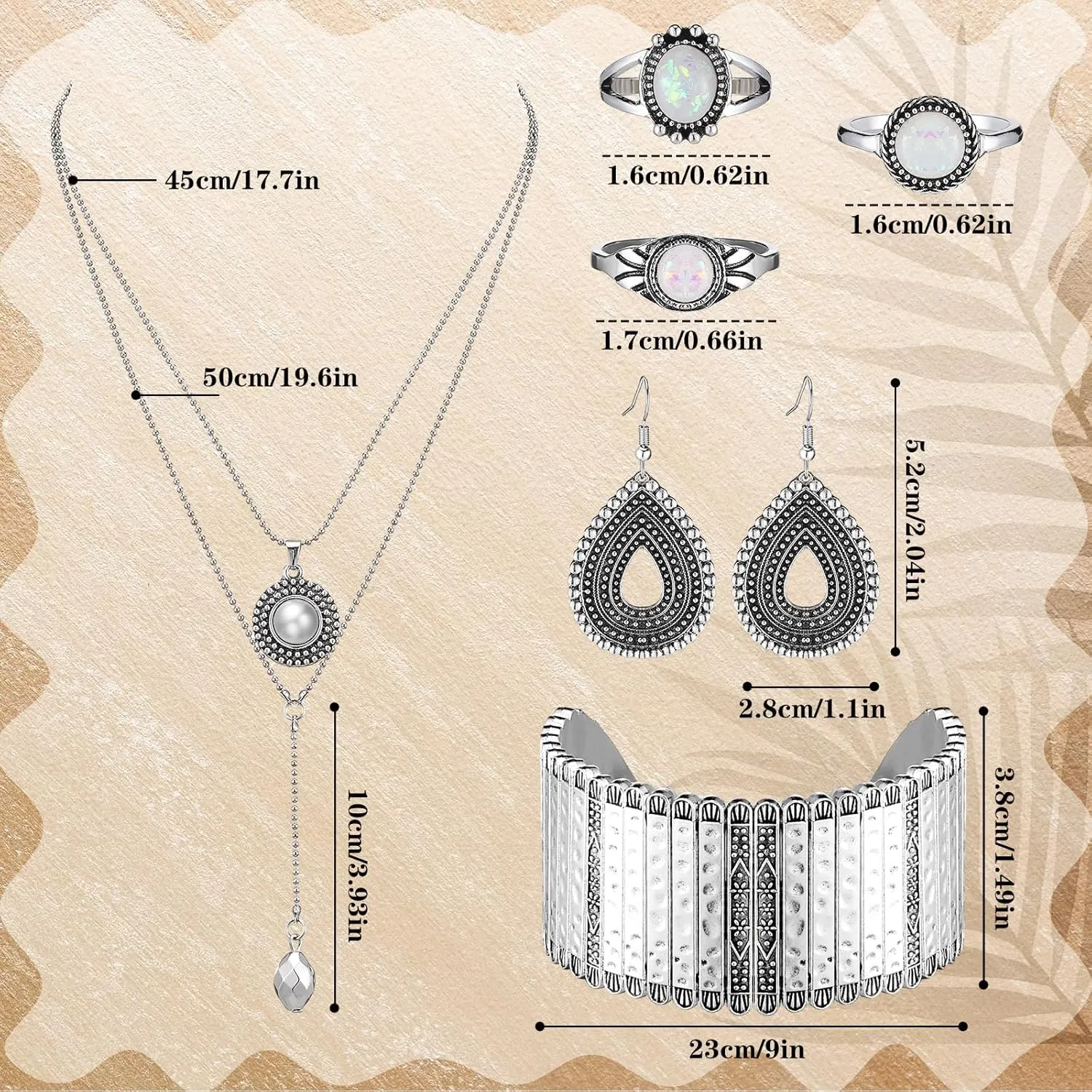 Ecally Bohemian Western Jewelry Turquoise Set Women Bohemian Pendant Long Choker Layered Bracelets Earrings Ring for Women