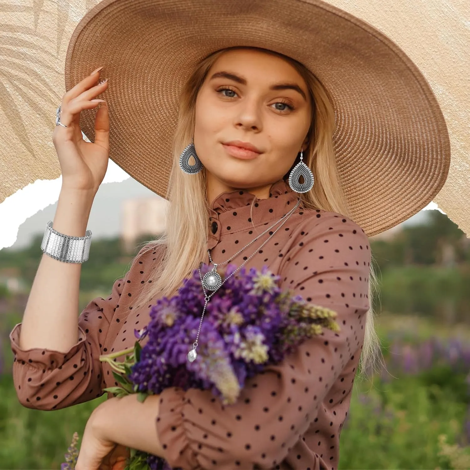 Ecally Bohemian Western Jewelry Turquoise Set Women Bohemian Pendant Long Choker Layered Bracelets Earrings Ring for Women