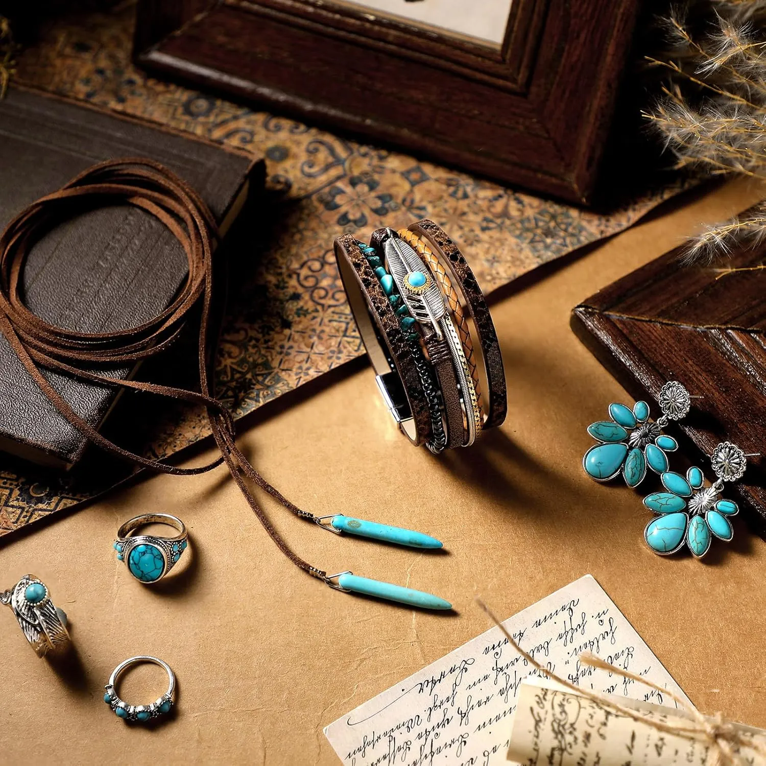Ecally Bohemian Western Jewelry Turquoise Set Women Bohemian Pendant Long Choker Layered Bracelets Earrings Ring for Women