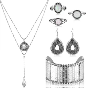 Ecally Bohemian Western Jewelry Turquoise Set Women Bohemian Pendant Long Choker Layered Bracelets Earrings Ring for Women