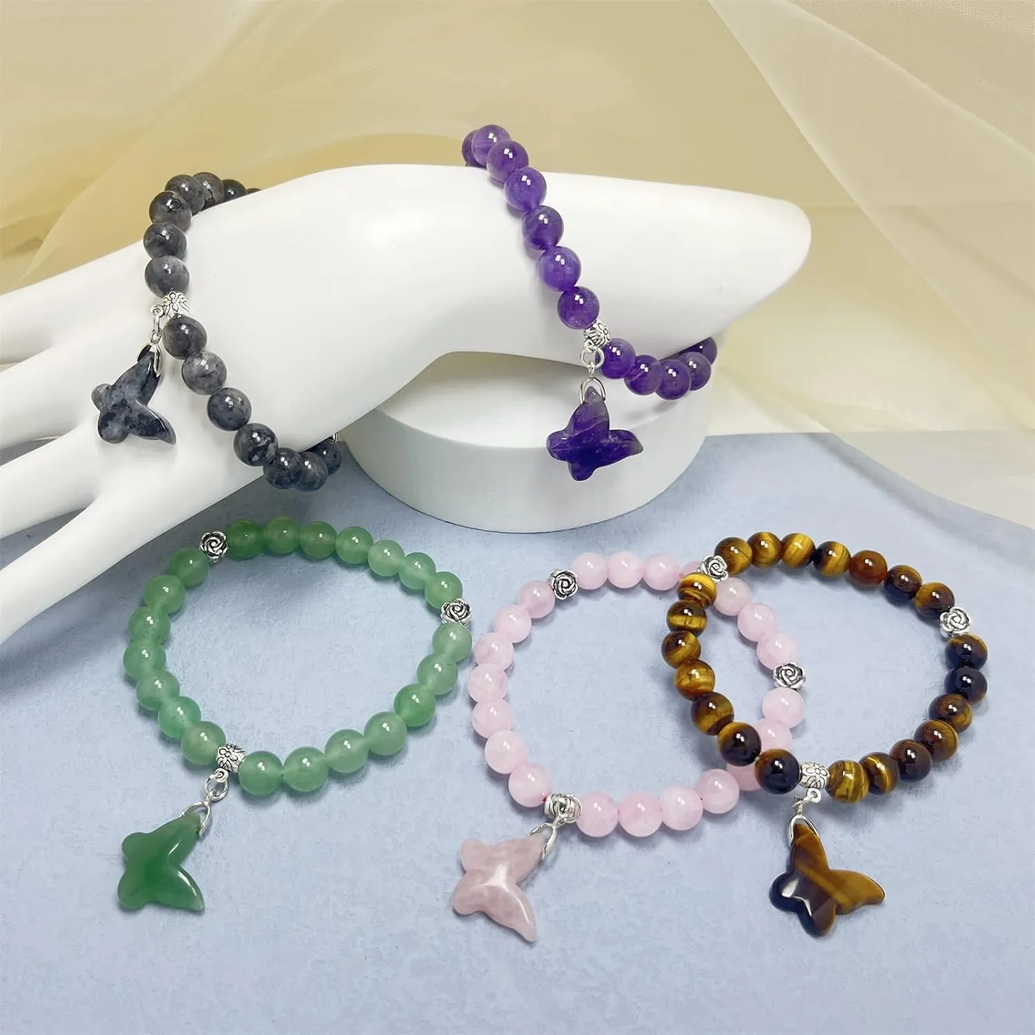 EDEN'S CALL 8mm Crystal Stone Round Beads Bracelet for Women Handmade Quartz Butterfly Charm Beaded Bracelet