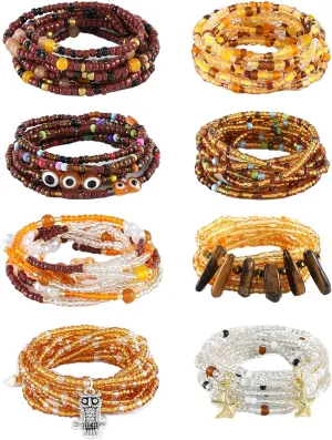 ELABEST Tie-on African Waist Beads for Women Non Stretching 8Pcs Belly Beads Plus Size Colorful Handmade Beaded Waist Jewelry Accessories Body Chain