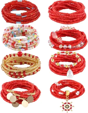 ELABEST Tie-on African Waist Beads for Women Non Stretching 8Pcs Belly Beads Plus Size Colorful Handmade Beaded Waist Jewelry Accessories Body Chain