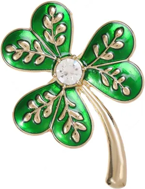 Elegant Green Enamel Shamrock Brooch Pin with Cubic Zirconia, Gold-Tone Irish Clover Pin for St. Patrick's Day, WomenJewelry Accessories Gift