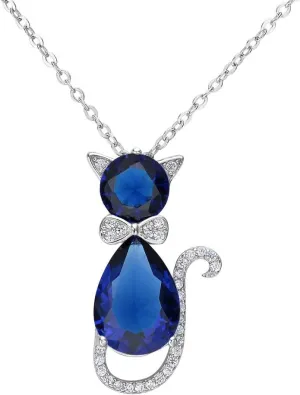 EleQueen 925 Sterling Silver Cubic Zirconia Cute Kitty Cat Rolo Chain Pendant Necklace for Women Cat Lovers Sapphire Color