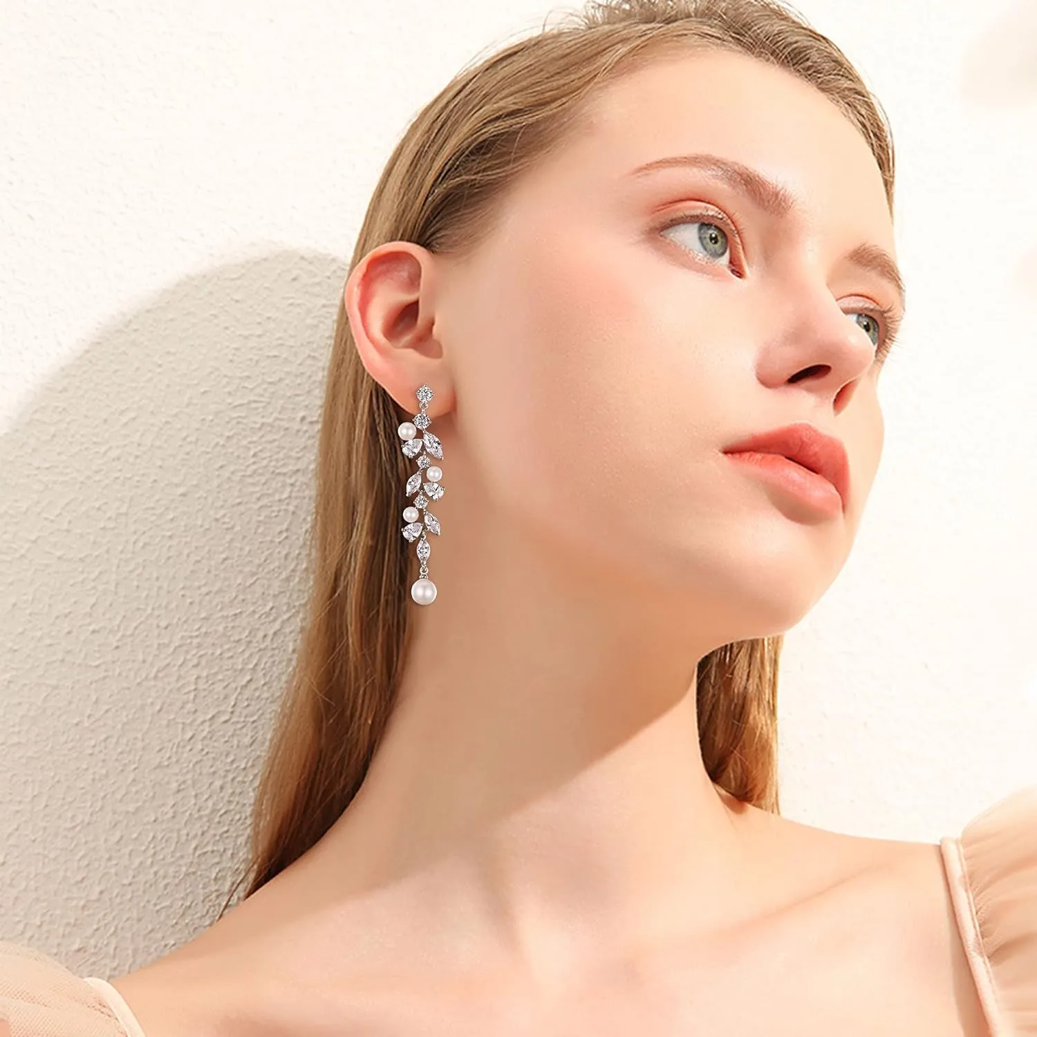 EleQueen Cubic Zirconia Simulated Pearl Teardrop Dangle Earrings Jewelry for Wedding Bridal