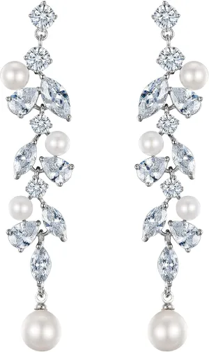 EleQueen Cubic Zirconia Simulated Pearl Teardrop Dangle Earrings Jewelry for Wedding Bridal