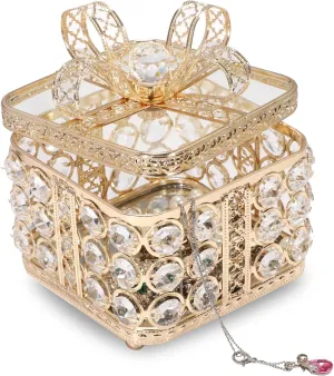 ELLDOO Vintage Crystal Trinket Box, Metal Mirrored Jewelry Box, Bow-knot Gift Box Style Decorative Box Keepsake Box for Ring Earrings Jewelry Organizer Gift for Women Girls, Gold