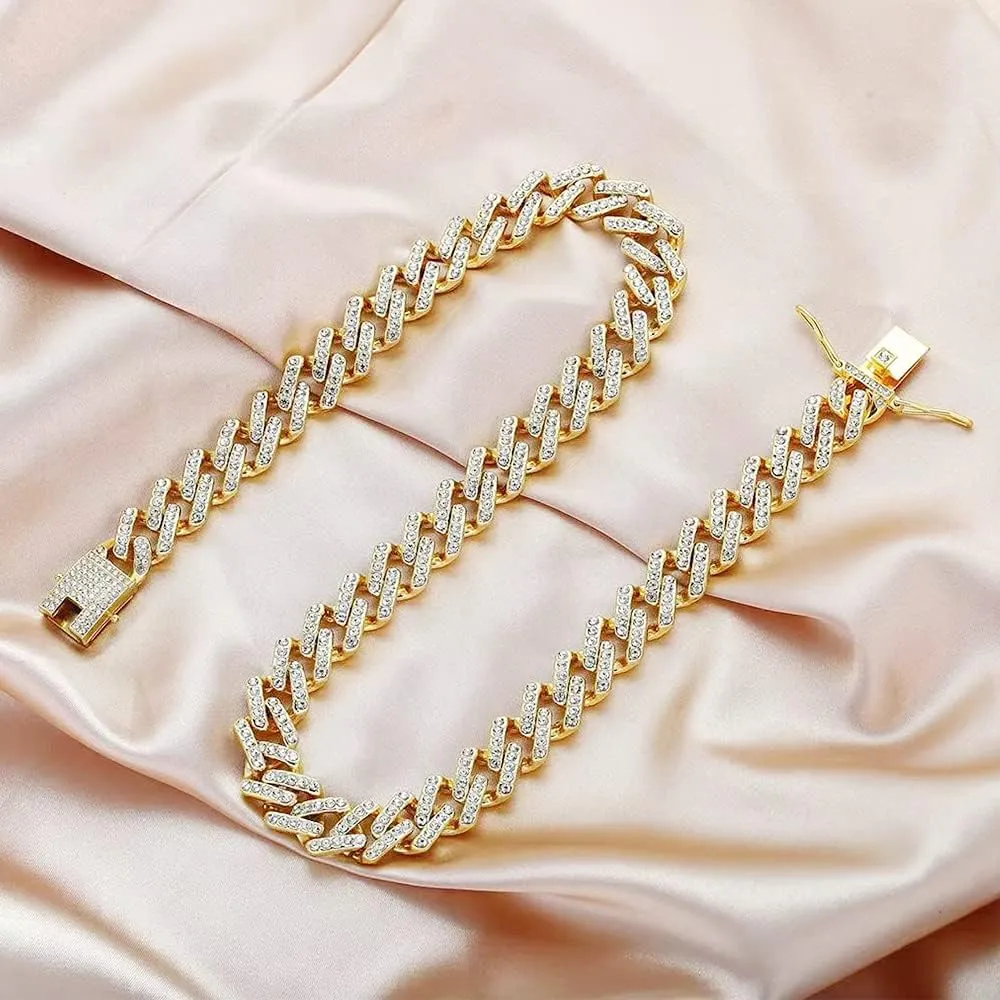 EMESLY Solid Miami Cuban Link Chain Gold/Silver Necklace (16, 18, 20, 22, 24, 30 Inches Length); Hip Hop Bracelet (8" Length) for Men & Women; Perfect Iced Out Bling Jewelry Gift