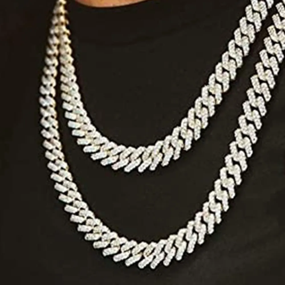 EMESLY Solid Miami Cuban Link Chain Gold/Silver Necklace (16, 18, 20, 22, 24, 30 Inches Length); Hip Hop Bracelet (8" Length) for Men & Women; Perfect Iced Out Bling Jewelry Gift