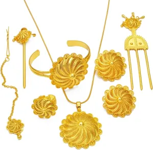 Ethiopian Traditional Jewelry | Eritrean Jewelry for Women Set | Ethiopian African Jewelry Wedding Sets 6pcs Includes Earrings, Necklace Pendant, Ring, Bangle, Hair Chain, Hairpin