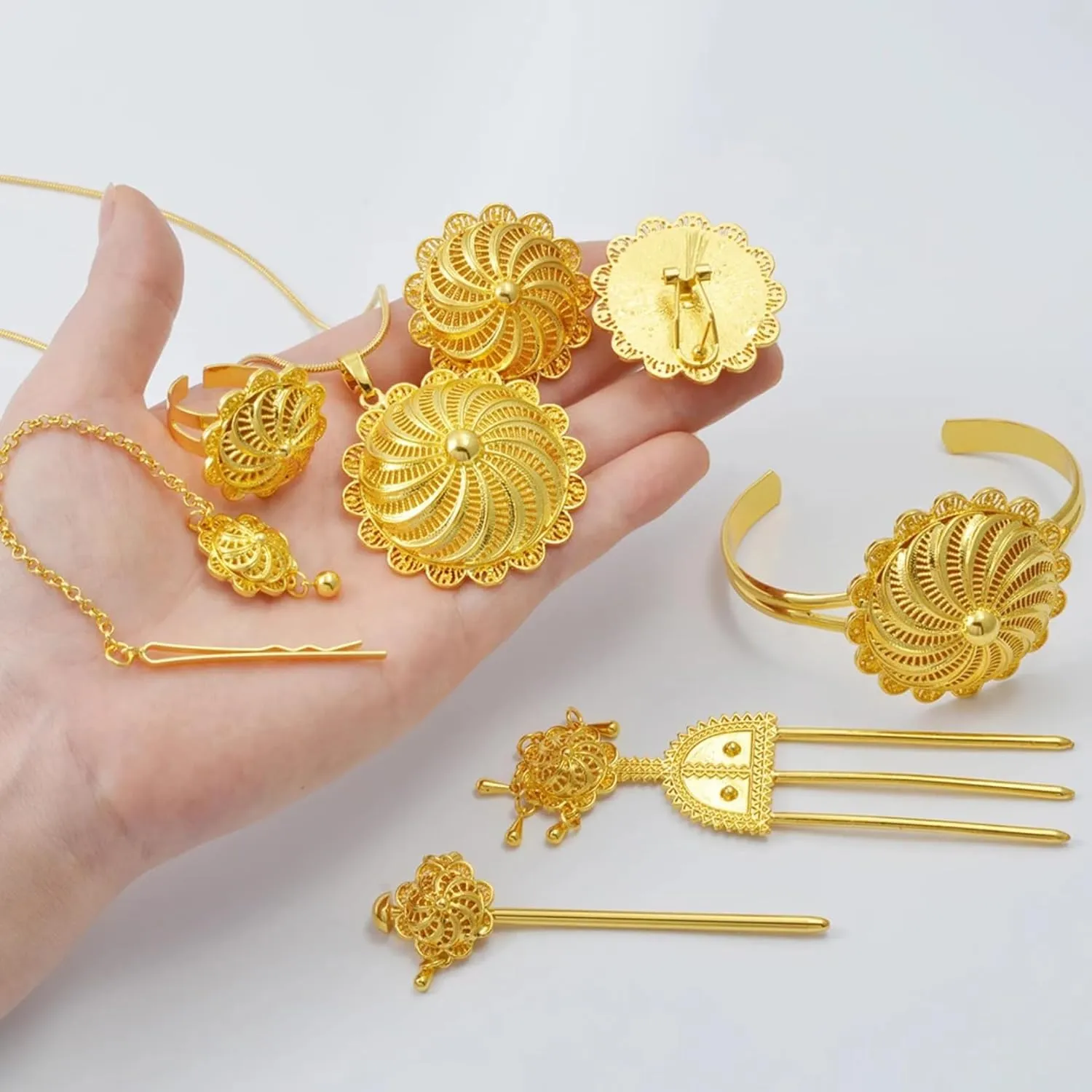 Ethiopian Traditional Jewelry | Eritrean Jewelry for Women Set | Ethiopian African Jewelry Wedding Sets 6pcs Includes Earrings, Necklace Pendant, Ring, Bangle, Hair Chain, Hairpin