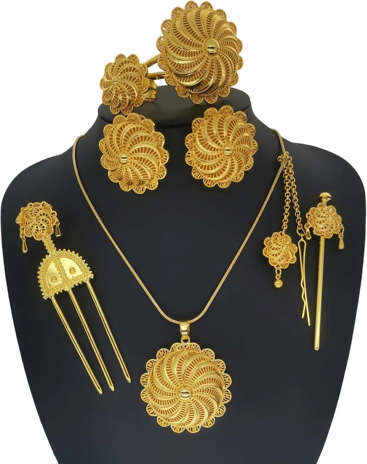 Ethiopian Traditional Jewelry | Eritrean Jewelry for Women Set | Ethiopian African Jewelry Wedding Sets 6pcs Includes Earrings, Necklace Pendant, Ring, Bangle, Hair Chain, Hairpin