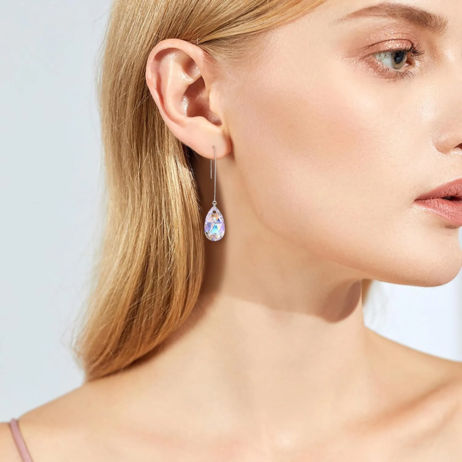 EVER FAITH 925 Sterling Silver Birthday Gift Zirconia Simple Tear Drop Daily Ear Threader Dangle Earrings