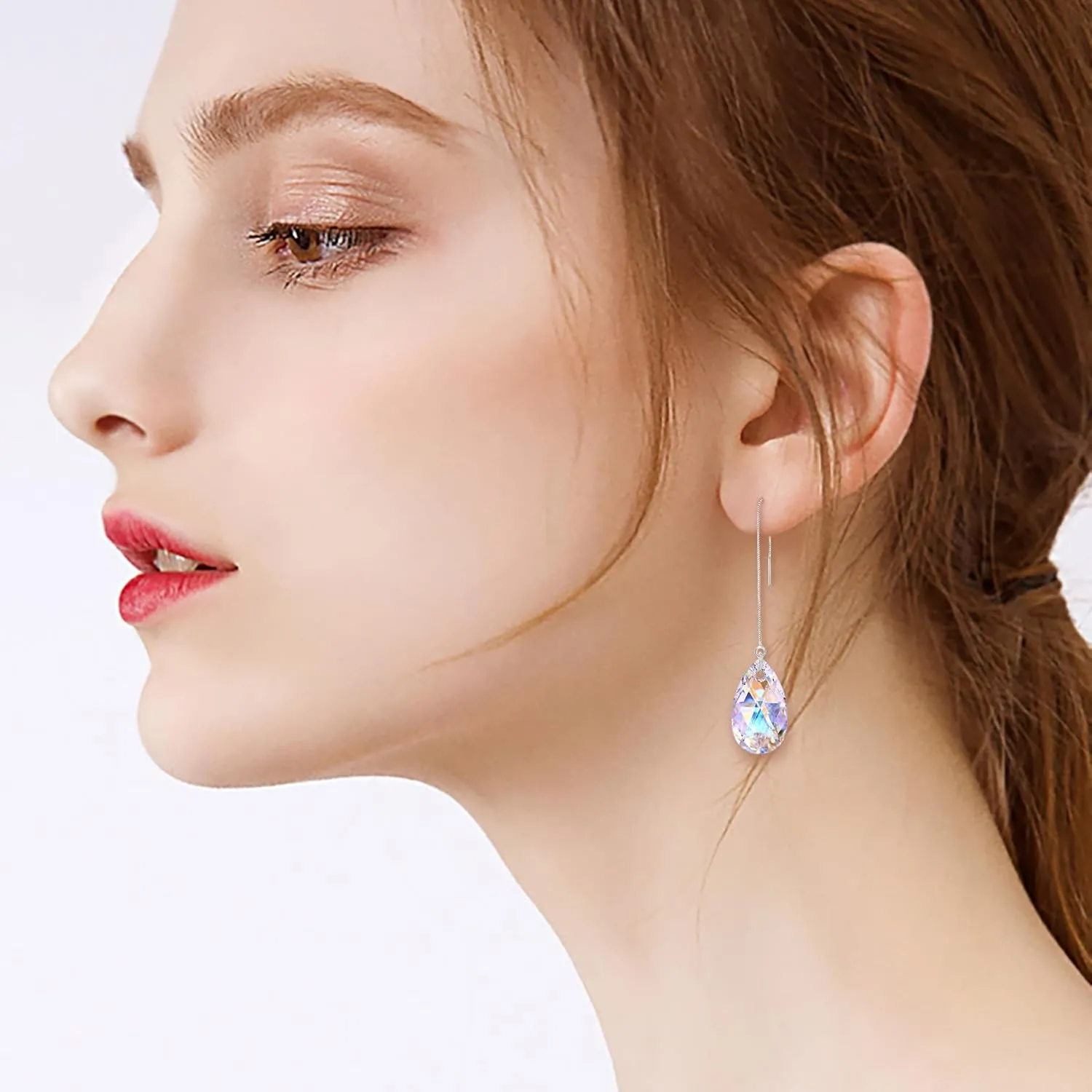 EVER FAITH 925 Sterling Silver Birthday Gift Zirconia Simple Tear Drop Daily Ear Threader Dangle Earrings