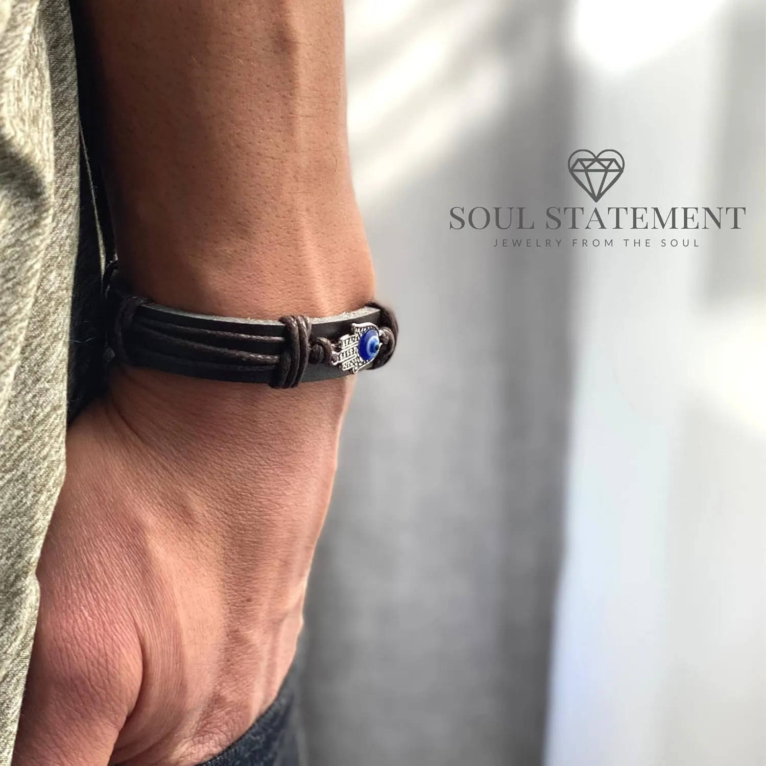 Evil Eye Bracelets for Men, Nazar Charms on a Handmade Black Leather Adjustable Wrap, Hamsa Hand Jewelry