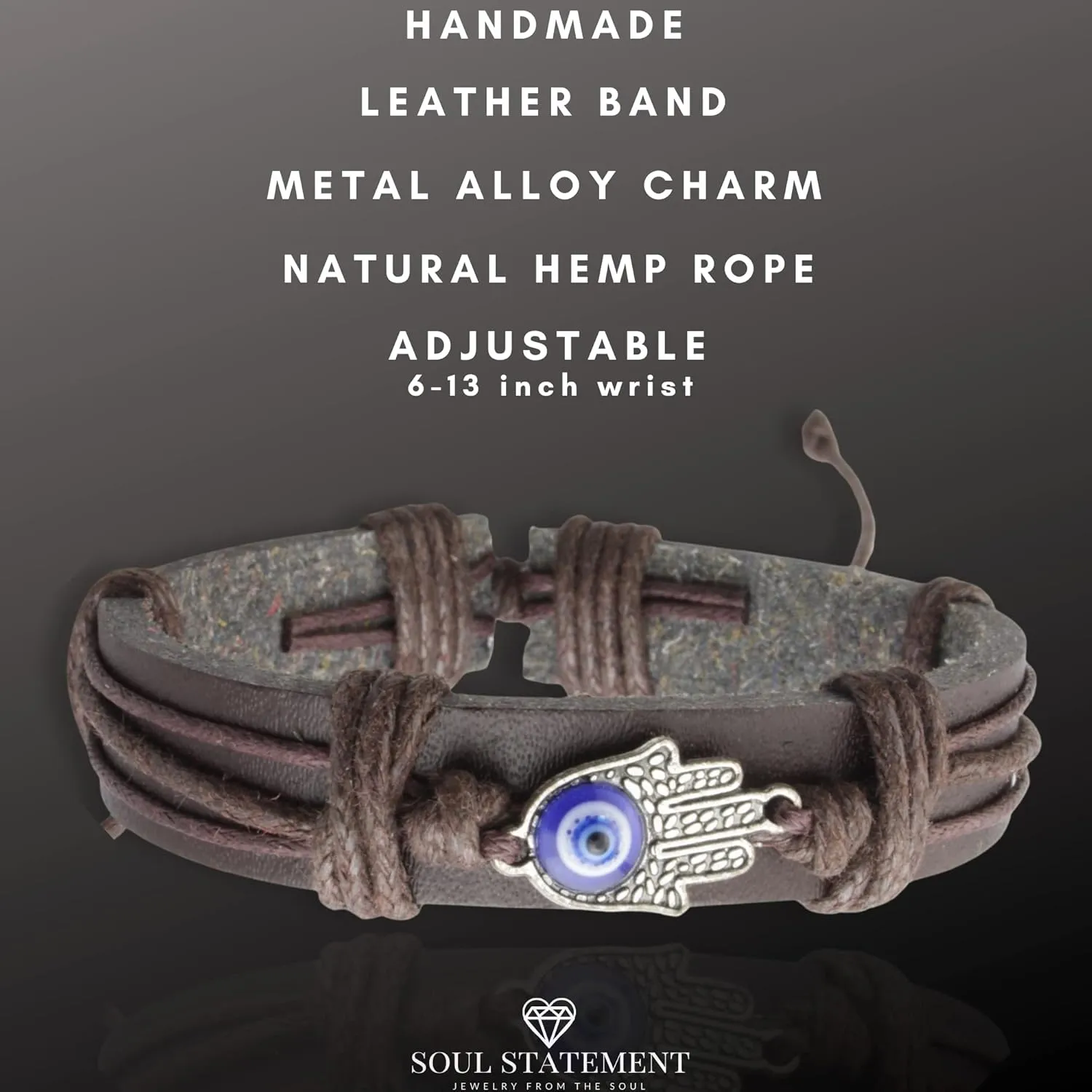 Evil Eye Bracelets for Men, Nazar Charms on a Handmade Black Leather Adjustable Wrap, Hamsa Hand Jewelry