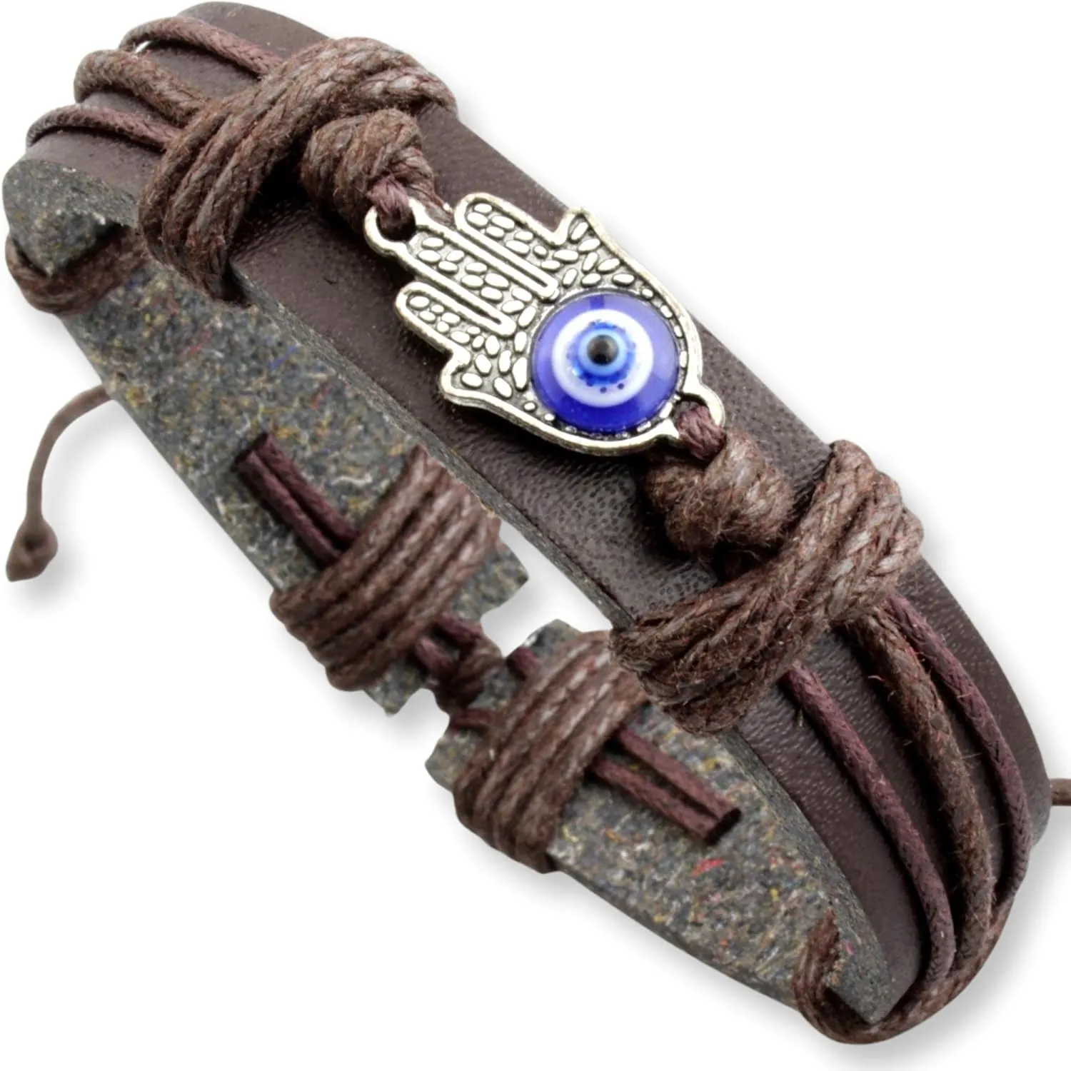 Evil Eye Bracelets for Men, Nazar Charms on a Handmade Black Leather Adjustable Wrap, Hamsa Hand Jewelry