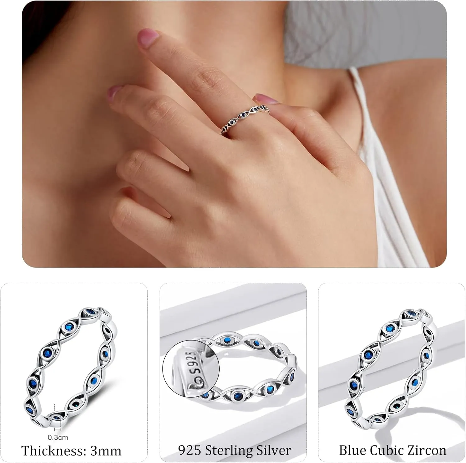 Evil Eye Infinity Ring for Women: 925 Sterling Silver Blue Eyes Stackable Rings Wedding Eternity Band Engagement Promise Cubic Zirconia Bands, Cute Rings Jewelry Birthday Presents Size 6-9