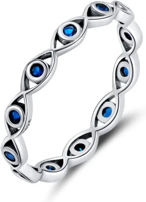 Evil Eye Infinity Ring for Women: 925 Sterling Silver Blue Eyes Stackable Rings Wedding Eternity Band Engagement Promise Cubic Zirconia Bands, Cute Rings Jewelry Birthday Presents Size 6-9