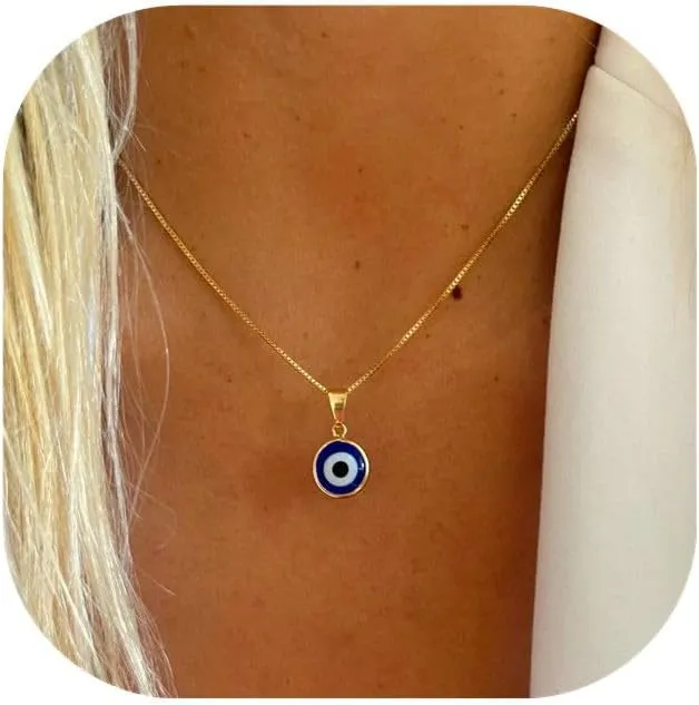 Evil Eye Necklace for Women, 14K Gold Plated Delicate Jewelry Evil Eye Necklace Blue White CZ Diamond Eye Pendant Necklace Cute Boho Tiny Evil Eye Lucky Protection Jewelry Gift for Women