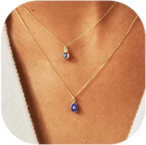 Evil Eye Necklace for Women, 14K Gold Plated Delicate Jewelry Evil Eye Necklace Blue White CZ Diamond Eye Pendant Necklace Cute Boho Tiny Evil Eye Lucky Protection Jewelry Gift for Women