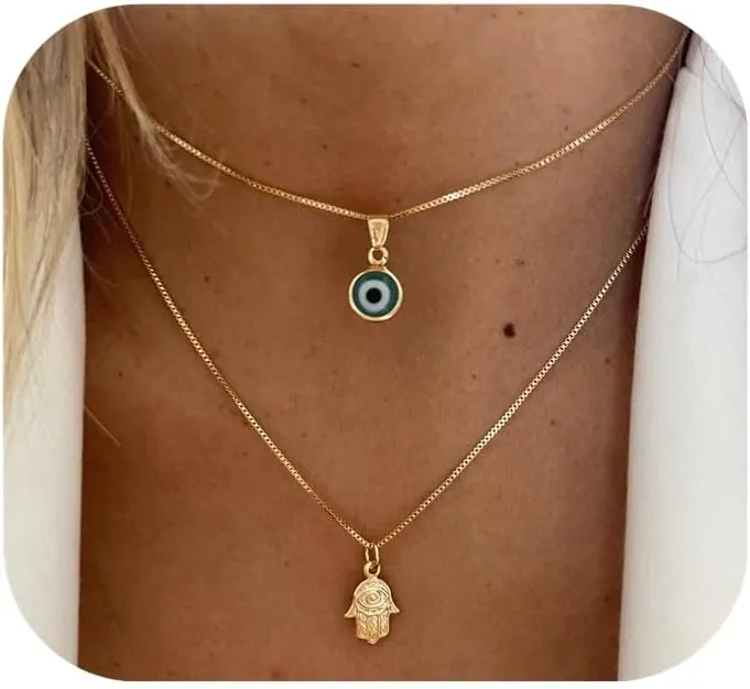 Evil Eye Necklace for Women, 14K Gold Plated Delicate Jewelry Evil Eye Necklace Blue White CZ Diamond Eye Pendant Necklace Cute Boho Tiny Evil Eye Lucky Protection Jewelry Gift for Women