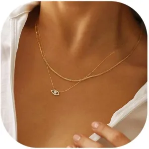 Evil Eye Necklace for Women, 14K Gold Plated Delicate Jewelry Evil Eye Necklace Blue White CZ Diamond Eye Pendant Necklace Cute Boho Tiny Evil Eye Lucky Protection Jewelry Gift for Women