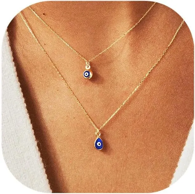 Evil Eye Necklace for Women, 14K Gold Plated Delicate Jewelry Evil Eye Necklace Blue White CZ Diamond Eye Pendant Necklace Cute Boho Tiny Evil Eye Lucky Protection Jewelry Gift for Women