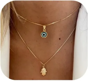 Evil Eye Necklace for Women, 14K Gold Plated Delicate Jewelry Evil Eye Necklace Blue White CZ Diamond Eye Pendant Necklace Cute Boho Tiny Evil Eye Lucky Protection Jewelry Gift for Women
