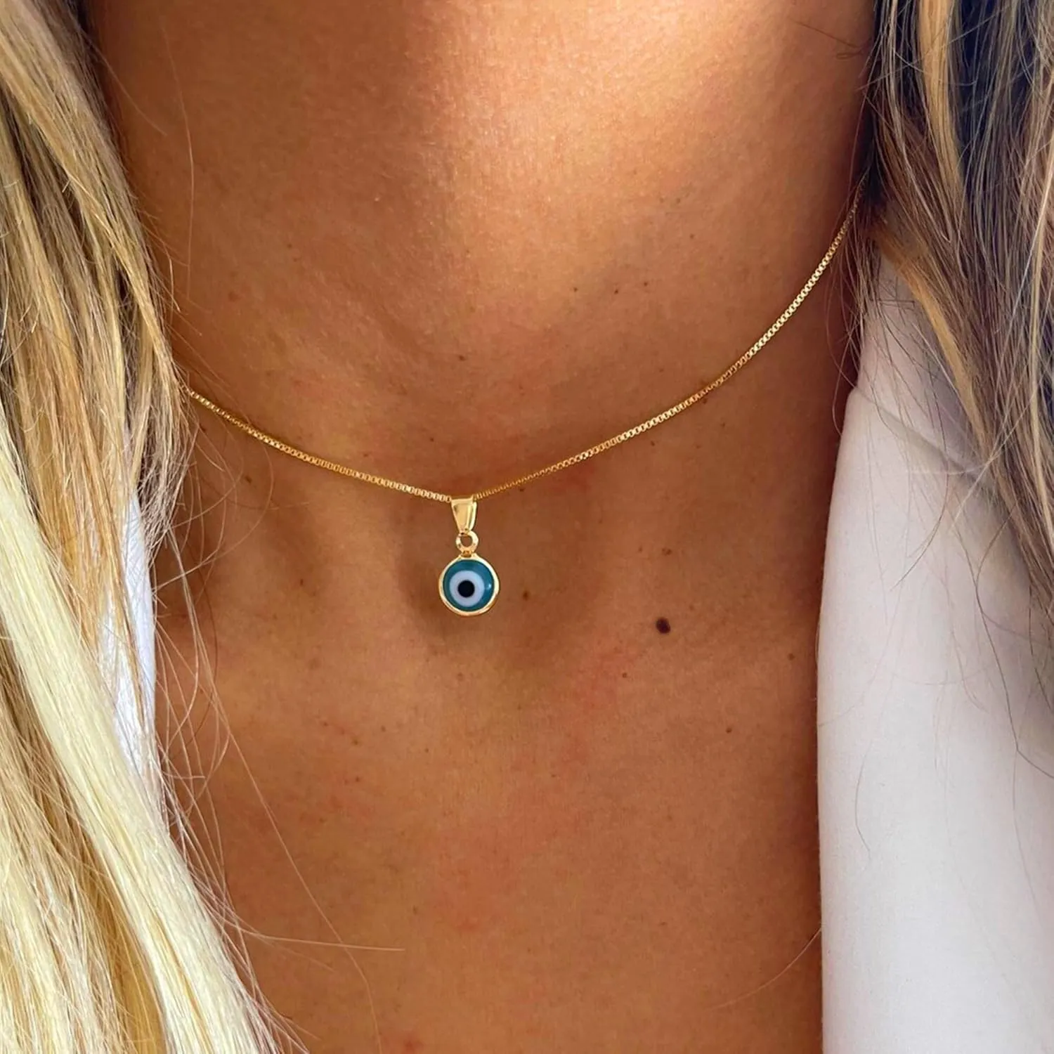 Evil Eye Necklace for Women, 14K Gold Plated Delicate Jewelry Evil Eye Necklace Blue White CZ Diamond Eye Pendant Necklace Cute Boho Tiny Evil Eye Lucky Protection Jewelry Gift for Women