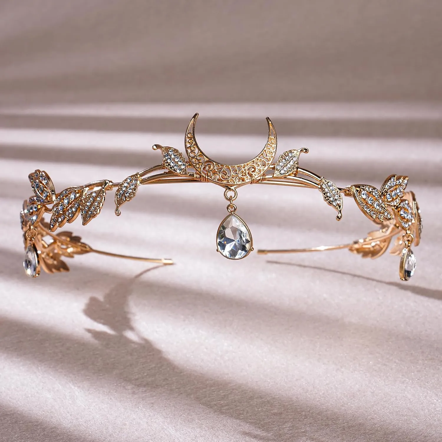 Fairy Leaf Rhinestone Circlet - Crystal Pendant Headpiece Greek Goddess Circlet for Women, Renaissance Halloween Brides Bridesmaid Forehead Accessories