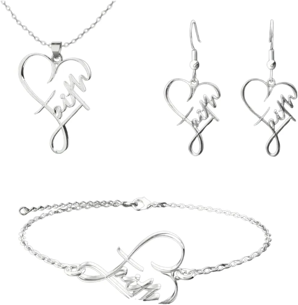 Faith Heart Design Jewelry Set, Adjustable Stainless Steel Necklace Bracelet and Earrings, Hypoallergenic, Silver with Gift Box